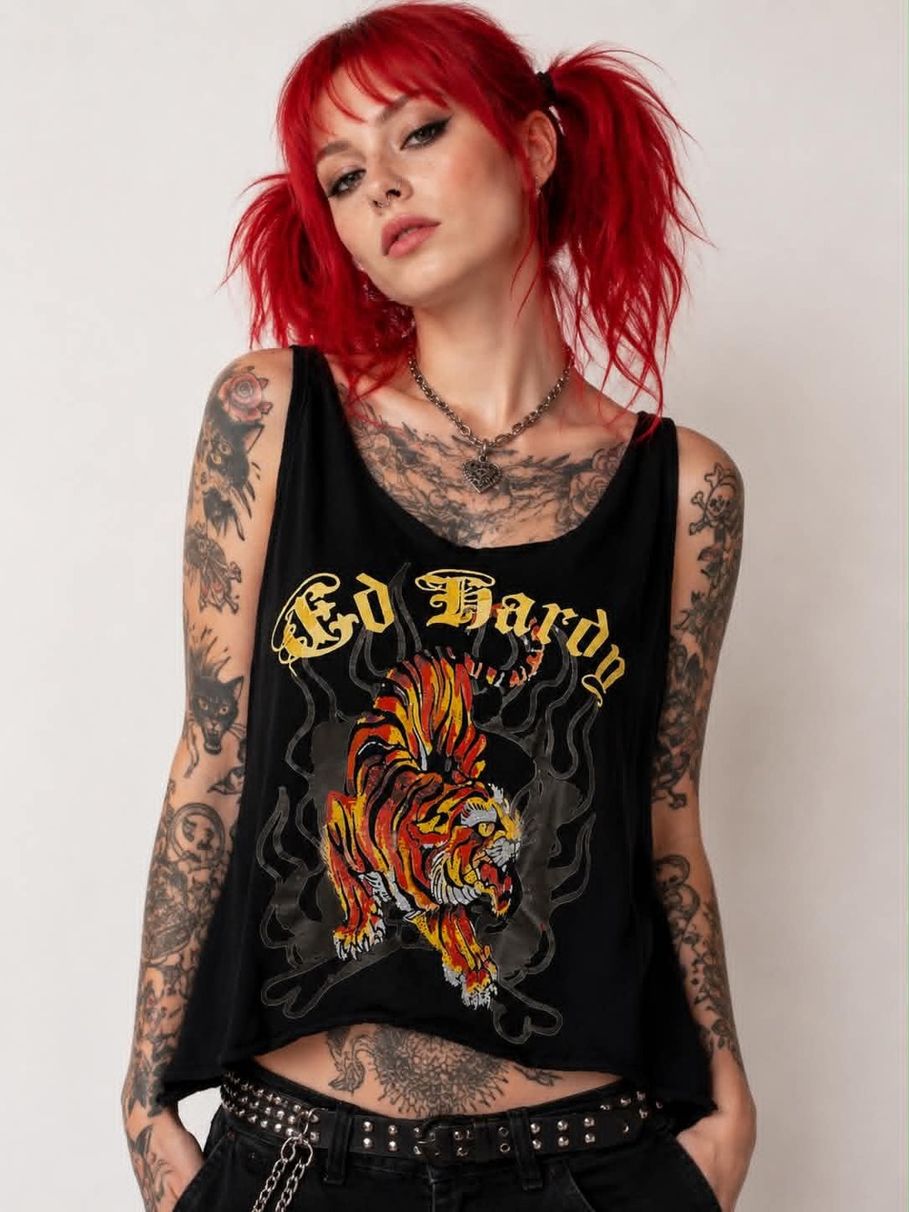 Ed Hardy Large Black Tiger Graphic Cropped Flowy Tank Top Y2K Grunge Punk